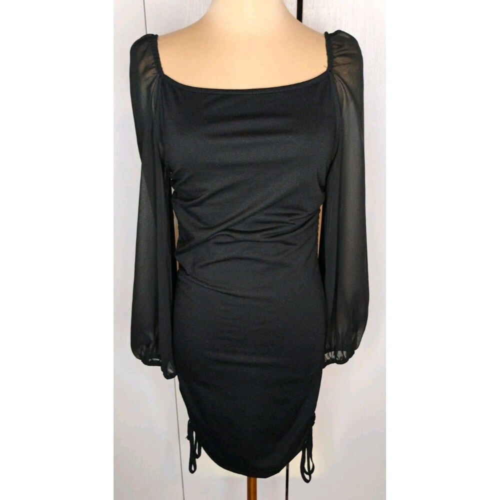 Romwe Black Bodycon Mini Dress Sz S Square Neck Sheer Puff Long Sleeve Ruched